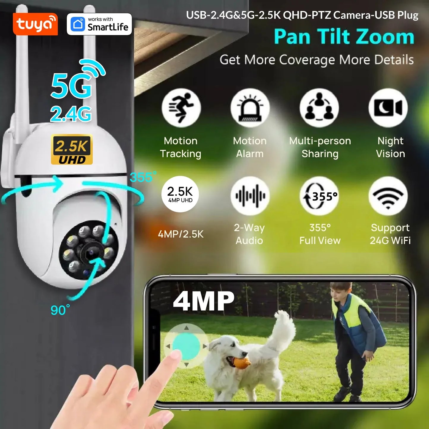Tuya 4MP 2.4G Wifi Indoor Camera Smart Home Security Video Surveillance Supprt Two Way Audio Mobile Motion