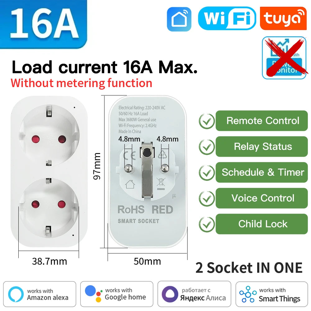 Tuya WIFI Smart Socket EU 16A/20A Wifi/Zigbee3.0 Smart Plug with Power Monitoring Smart Homevoice Control Support Alexa