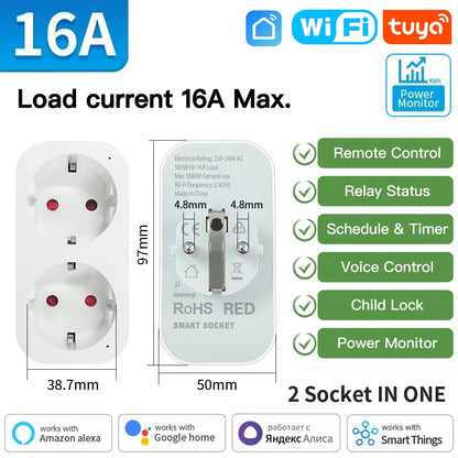 Tuya WIFI Smart Socket EU 16A/20A Wifi/Zigbee3.0 Smart Plug with Power Monitoring Smart Homevoice Control Support Alexa