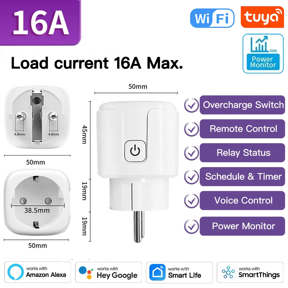 Tuya WIFI Smart Socket EU 16A/20A Wifi/Zigbee3.0 Smart Plug with Power Monitoring Smart Homevoice Control Support Alexa