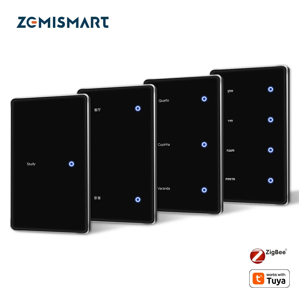 Zigbee DIY Name Switch Black Touch Panel Work with Tuya Display Screen Smart Wall Light Switch Alexa Google Home Voice Control