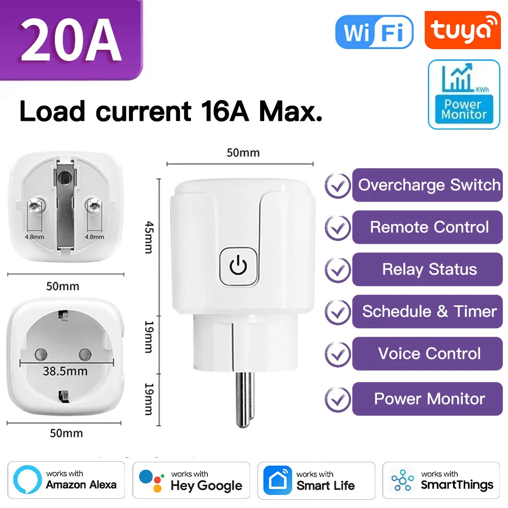 Tuya WIFI Smart Socket EU 16A/20A Wifi/Zigbee3.0 Smart Plug with Power Monitoring Smart Homevoice Control Support Alexa