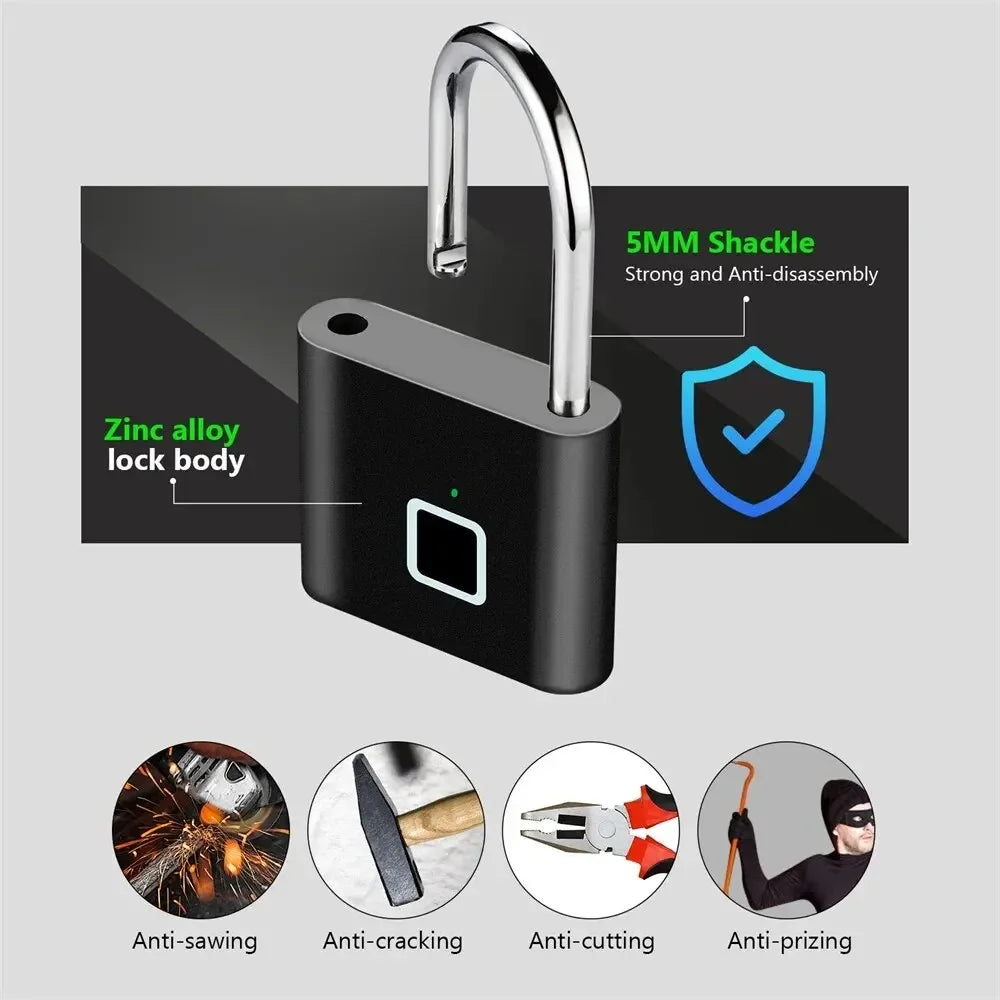 IP66 Waterproof Fingerprint Smart Lock Padlock Door Lock Keyless USB Charging Portable