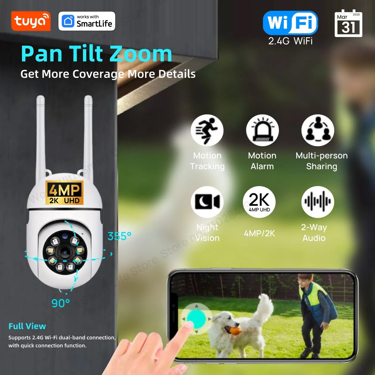 Tuya 4MP 2.4G Wifi Indoor Camera Smart Home Security Video Surveillance Supprt Two Way Audio Mobile Motion