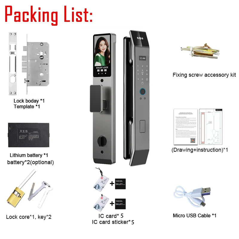Tuya APP Smart Life APP Control Voice Intercom Smart Lock 3D Face Recognition Fingerprint Password Smart Door Lock with Camera