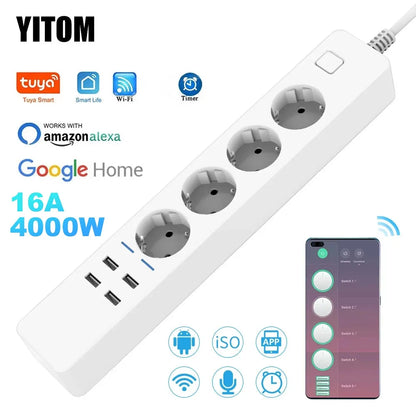 Smart Power Strip Wifi 4 EU Outlets Plug 4 USB Charging Port Timing App Voice Control Work with Alexa Google Home Assistant