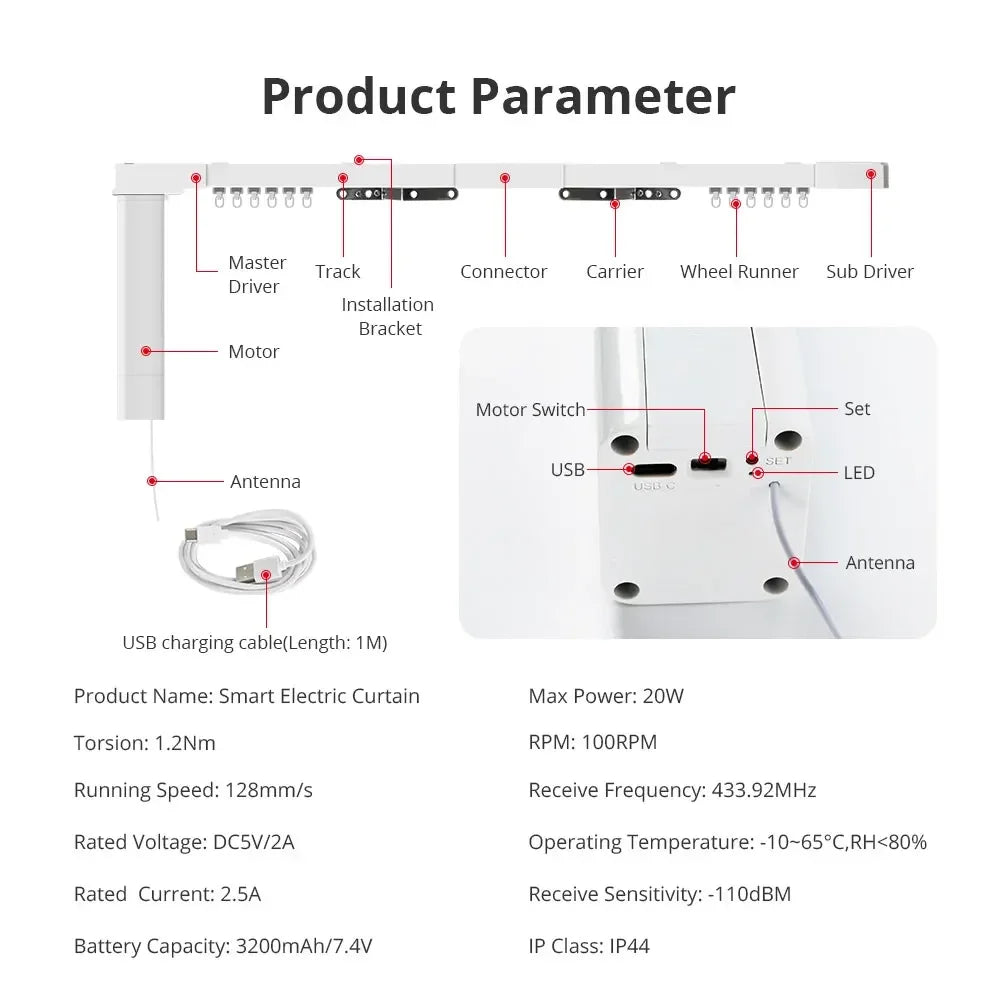 Zigbee Electric Sliding Curtain Motor Built-In Battery with Customized Track Work with Tuya Alexa Google Home Voice