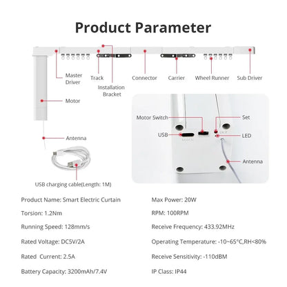 Zigbee Electric Sliding Curtain Motor Built-In Battery with Customized Track Work with Tuya Alexa Google Home Voice
