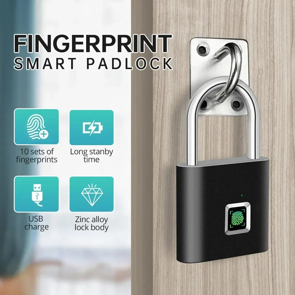 IP66 Waterproof Fingerprint Smart Lock Padlock Door Lock Keyless USB Charging Portable