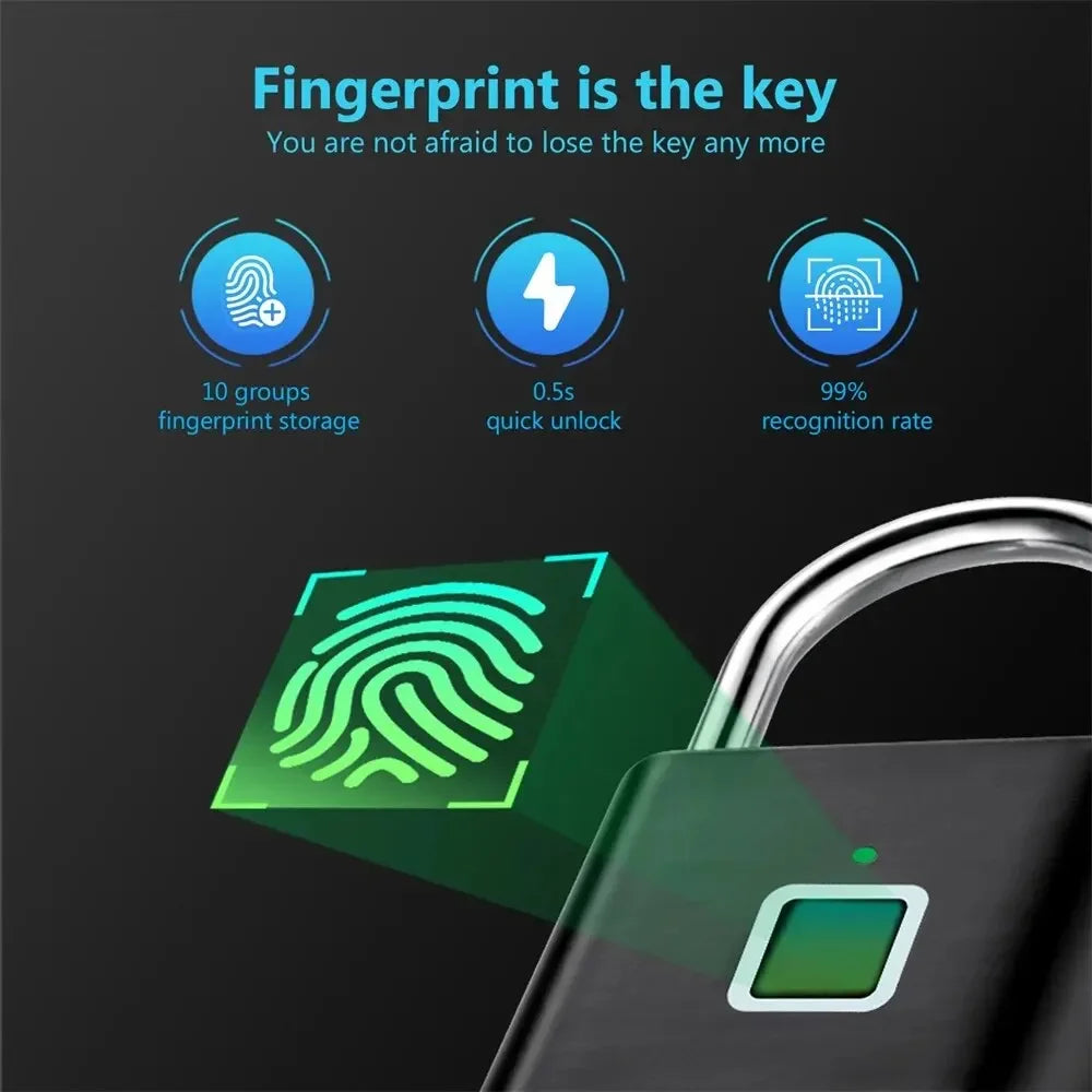 IP66 Waterproof Fingerprint Smart Lock Padlock Door Lock Keyless USB Charging Portable