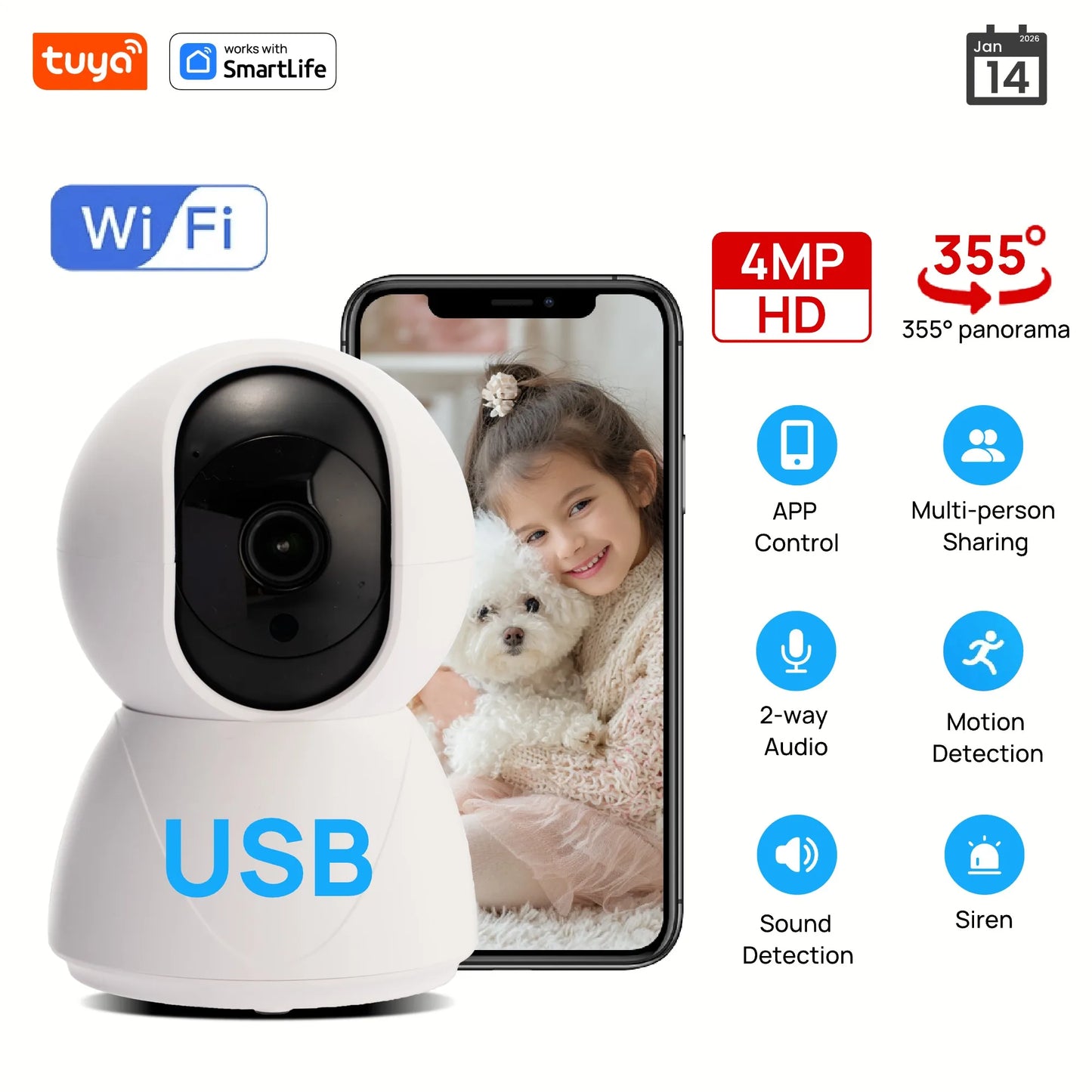4MP QHD Smart Security Camera - Tuya Wifi Indoor Camera with PTZ, Baby/Pet Monitor, 2.4G Home Security Camera, Tuya&Smart Life A