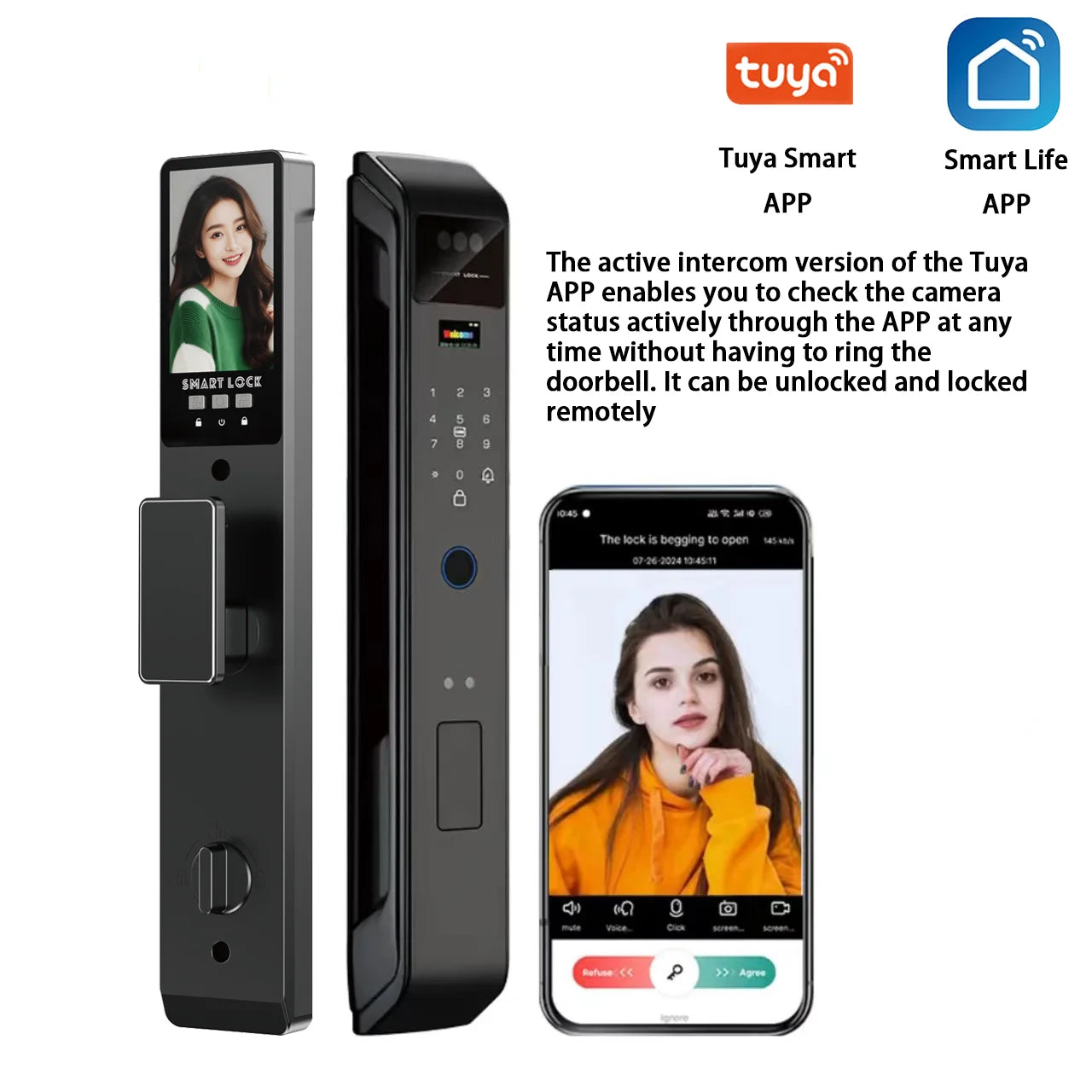 Tuya APP Smart Life APP Control Voice Intercom Smart Lock 3D Face Recognition Fingerprint Password Smart Door Lock with Camera