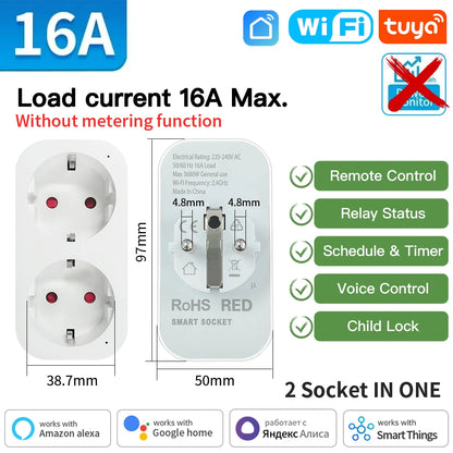Tuya WIFI Smart Socket EU 16A/20A Wifi/Zigbee3.0 Smart Plug with Power Monitoring Smart Homevoice Control Support Alexa